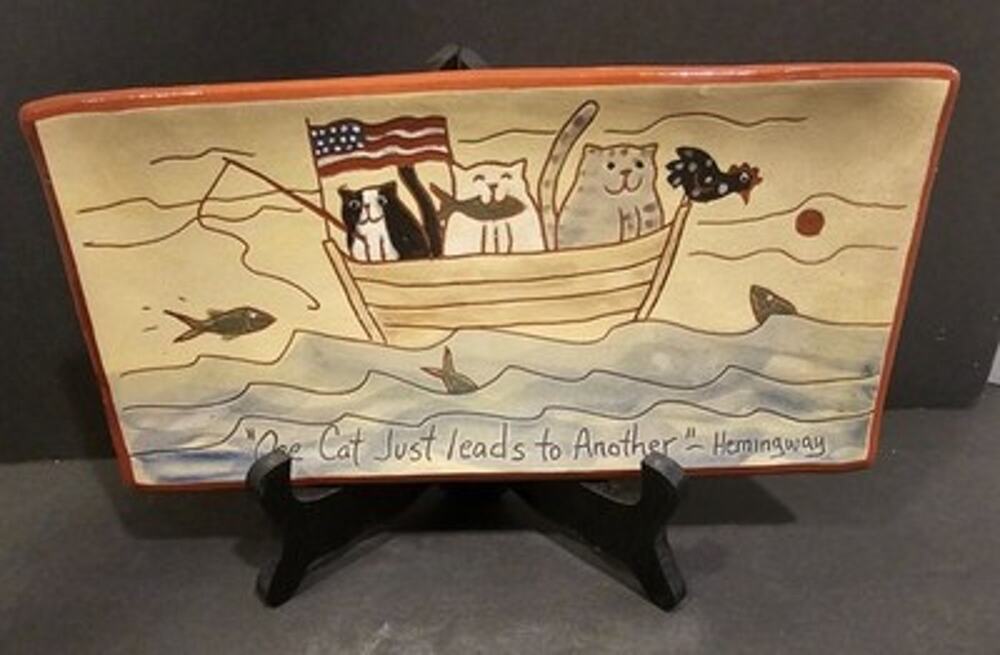 Cat Art Pottery Rectangular Tray Red Oaks Multicolor Hand Painted